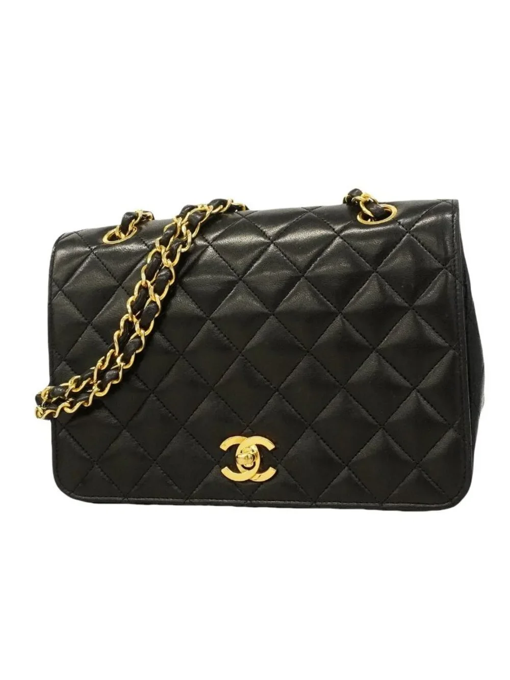 Chanel Shoulder Bag Quilted Lambskin Black Gold